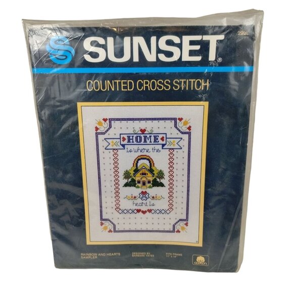 Vintage Sunset Counted Cross Stitch Rainbow and Hearts Sampler Kit 1984 - Picture 1 of 7